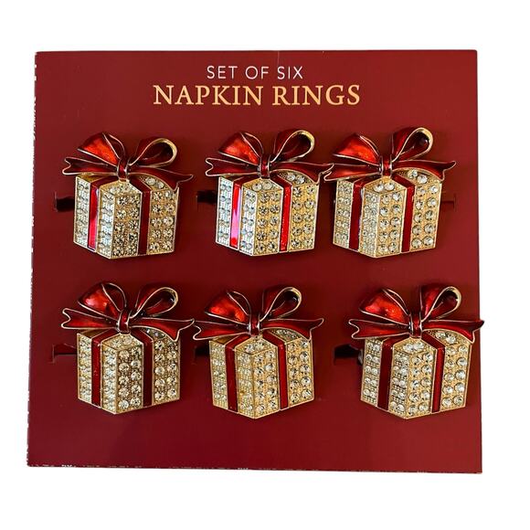 Envogue Rhinestone CHRISTMAS Present Napkin Rings Set of 6 Holiday Red Gold New - Picture 1 of 13